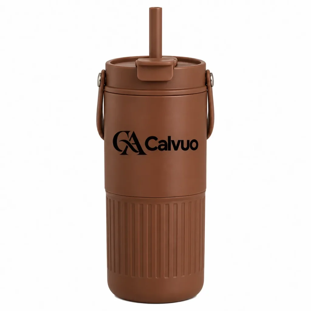 Calvuo Brown Insulated Travel Tumbler with Folding Carry Handle and Straw