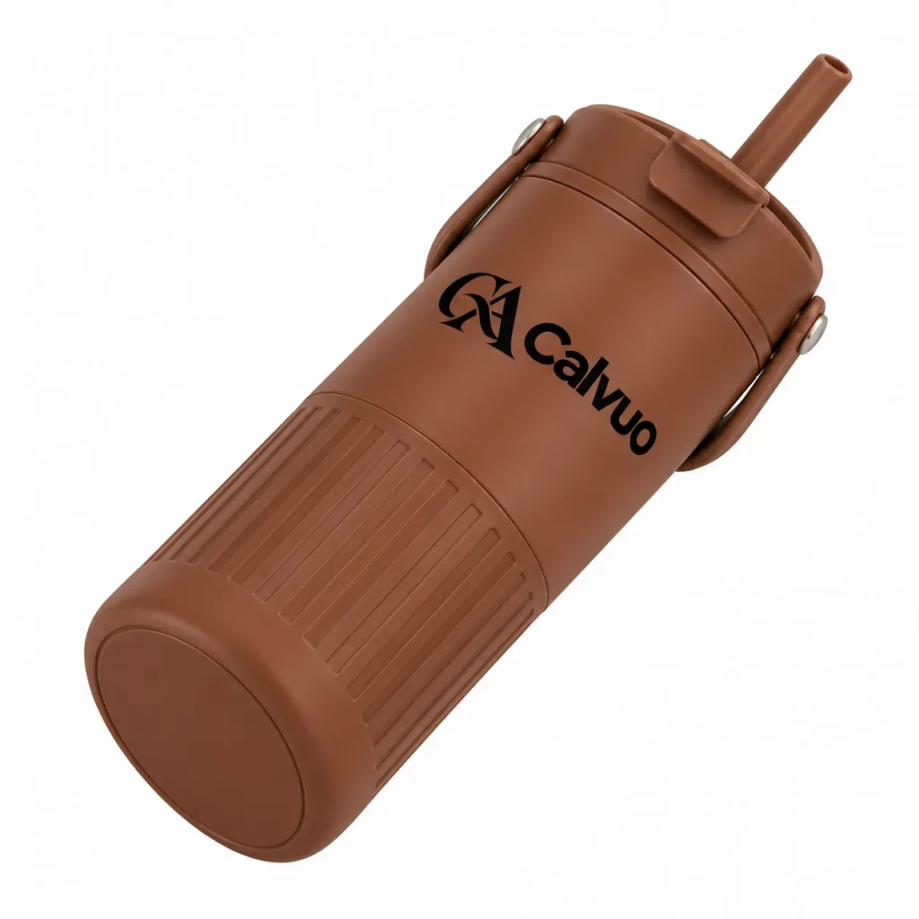 Calvuo Brown Insulated Travel Tumbler with Folding Carry Handle and Straw