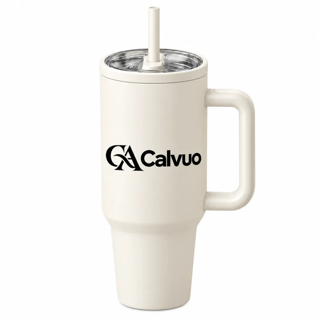 Calvuo Cream Insulated Beverage Tumbler with Matching Straw and Handle