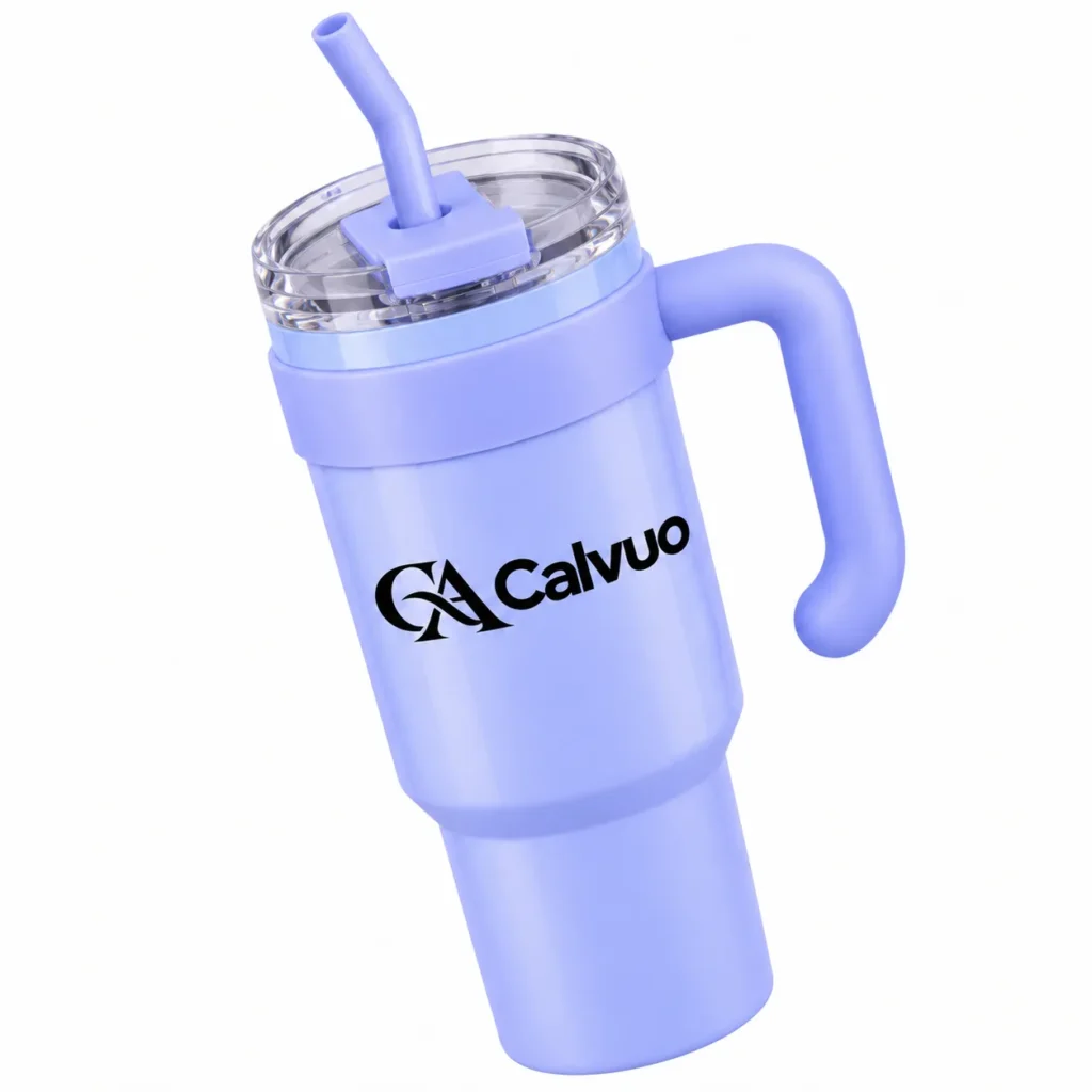 Calvuo Purple Insulated Straw Tumbler with Clear Lid and Curved Handle