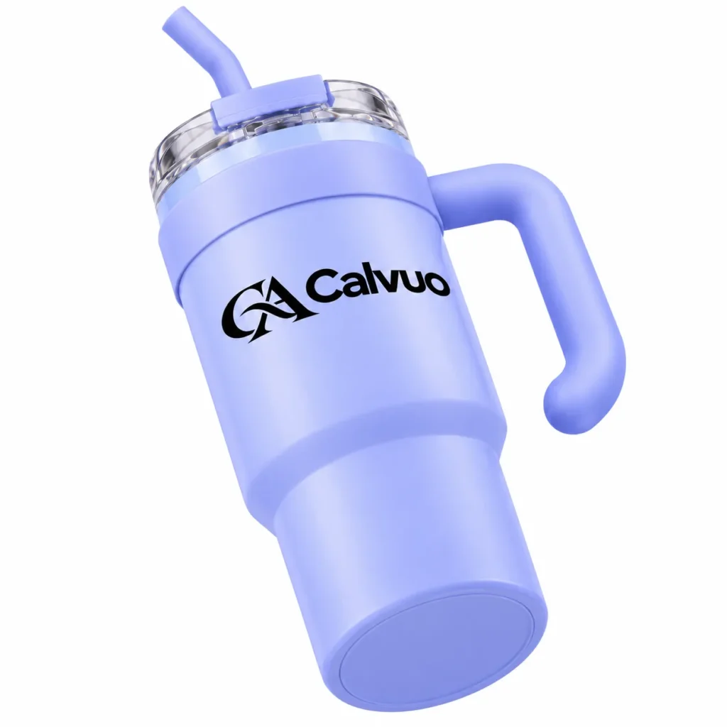 Calvuo Purple Insulated Straw Tumbler with Clear Lid and Curved Handle