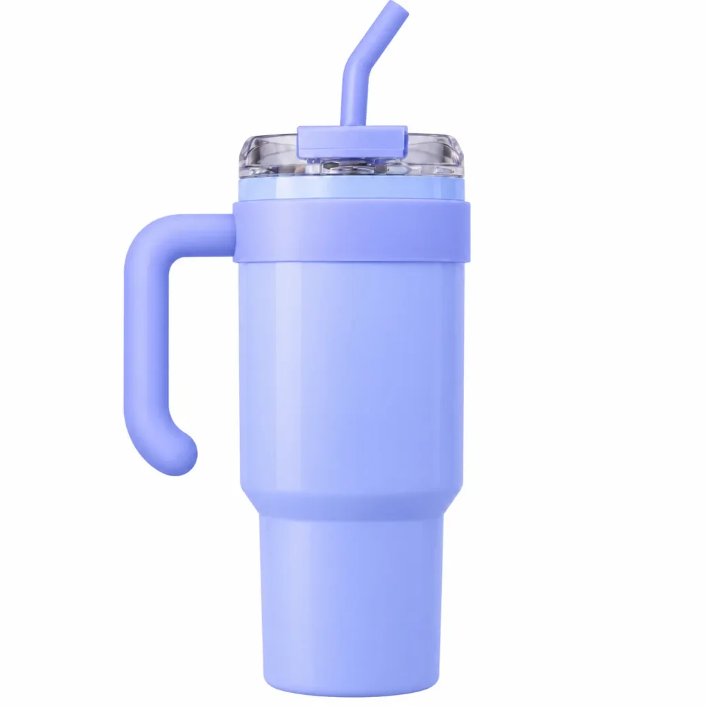 Calvuo Purple Insulated Straw Tumbler with Clear Lid and Curved Handle
