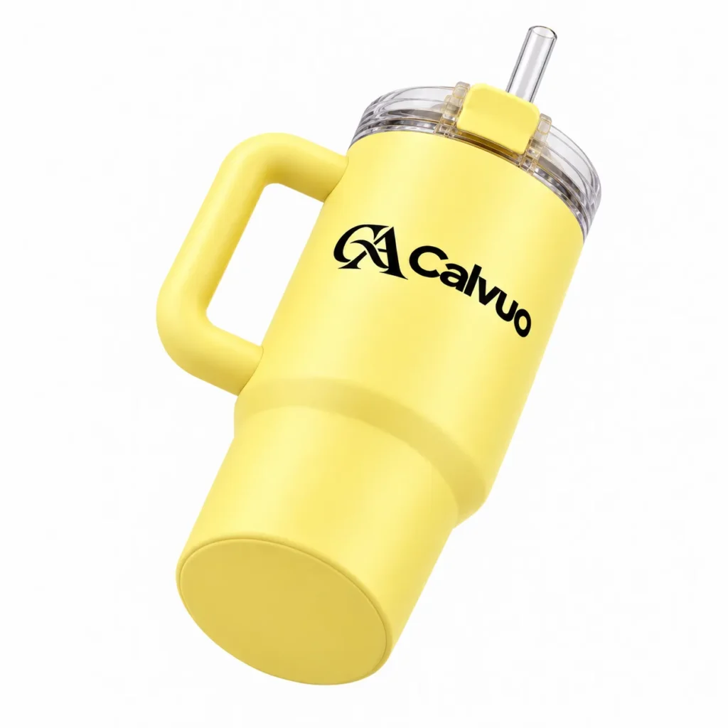 Calvuo Yellow Insulated Drink Tumbler with Side Handle and Clear Straw
