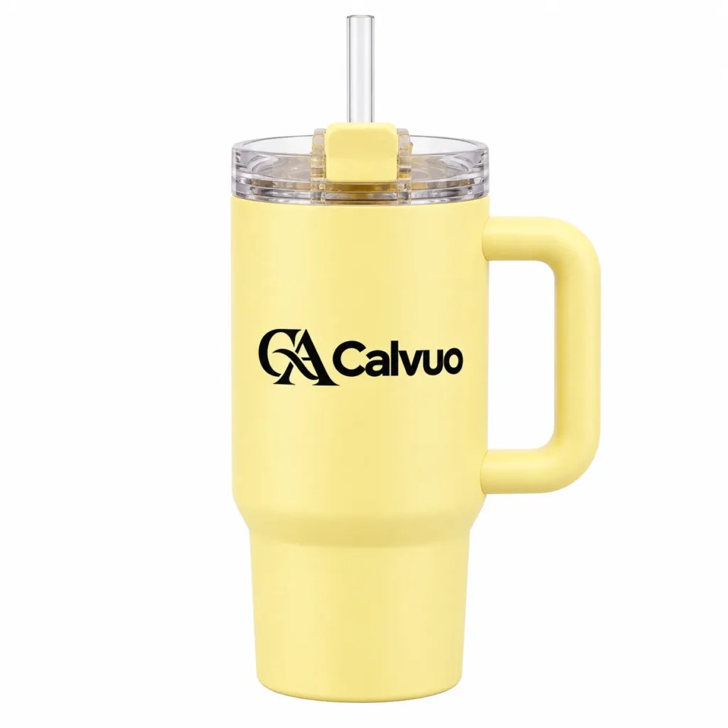 Calvuo Yellow Insulated Drink Tumbler with Side Handle and Clear Straw
